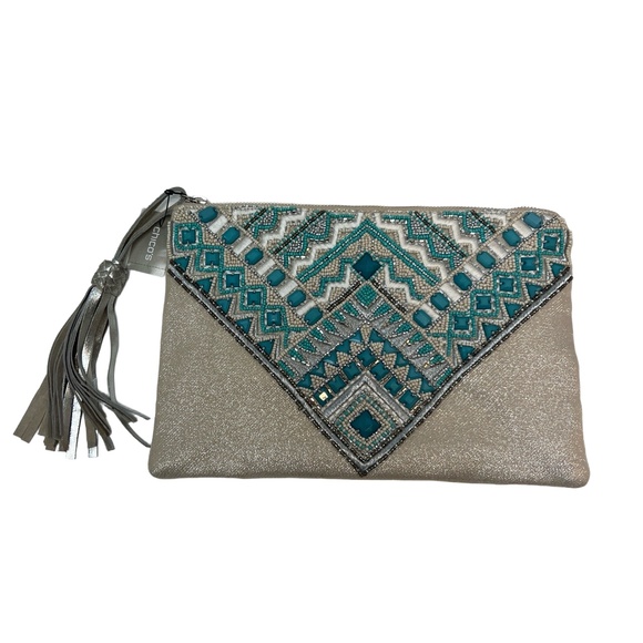 Chico's Handbags - NWT Chico's Clutch‎ Bag Beaded Embroidered Geometric Tassel Zipper Aqua Silver
